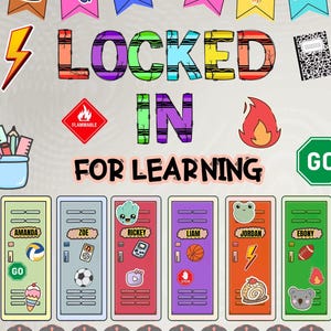 Op de afbeelding: Een prikbord voor in de klas met een banner van schoolspullen, de tekst LOCKED IN FOR LEARNING, een brandbaar-teken, een vuuricoon en zes kleurrijke kluisjes met de namen Amanda, Zoe, Rickey, Liam, Jordan en Ebony op de labels.