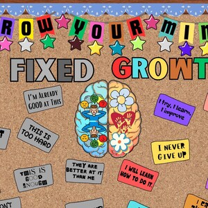 May include: A cork bulletin board display titled GROW YOUR MIND with FIXED in gray and GROWTH in rainbow colors. It features a split brain illustration, with the left side showing negative phrases and the right side showing positive growth mindset affirmations.