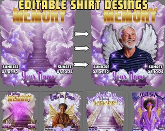 Plantilla de Canva para camiseta conmemorativa morada, diseño de camiseta conmemorativa, plantilla de fondo "Cielo" con escaleras, diseño de camiseta funeraria con diseño de camiseta Rip.