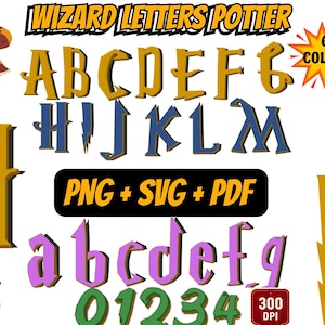 May include: A digital alphabet set titled WIZARD LETTERS POTTER featuring uppercase letters in gold and blue, lowercase letters in purple, and green numbers. Includes PNG, SVG, and PDF file formats, 300 DPI, and clip art of a scarf, crystal ball, and potion.