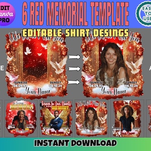 May include: A digital design template for memorial shirts. The design features a red and gold color scheme with doves, text that reads "We Miss You", and space for a photo and name. The template is available for instant download.