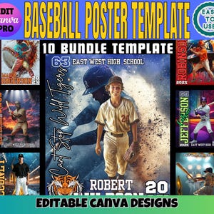 May include: A baseball poster template with a bundle of 10 designs. The design features baseball players, team logos, and text including "Baseball Poster Template" and "Editable Canva Designs."