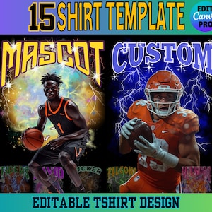 Op de afbeelding: Een digitaal ontwerp sjabloon voor t-shirts met een basketballer en een American footballspeler. Het ontwerp bevat de tekst "15 SHIRT TEMPLATE", "MASCOT CUSTOM" en "EDITABLE TSHIRT DESIGN". Extra tekst bevat namen als "MILLER", "NATHAN" en "ADAM".
