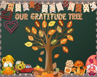 May include: A chalkboard-style graphic with the words "OUR GRATITUDE TREE" and a tree with fall-colored leaves. Decorative elements include a red truck, gnomes, pumpkins, and a banner. Two heart-shaped paperclips are on the left.