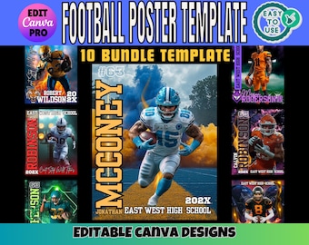 May include: A football poster template with a collection of 10 designs. The designs feature football players in action, with text elements including player names, team names, and the text "East West High School". The template includes the text "Editable Canva Designs".