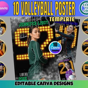 Könnte beinhalten: Eine Volleyball-Poster-Vorlage mit dem Text "10 Volleyball Poster Template" und "Editable Canva Designs". Das Design zeigt Bilder von Volleyballspielern und den Text "Jennifer Liroy" und "Libero 202X".