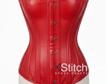 Genuine Leather Overbust Corset: Double Steel Boned Waist Trainer, Gothic Victorian Style