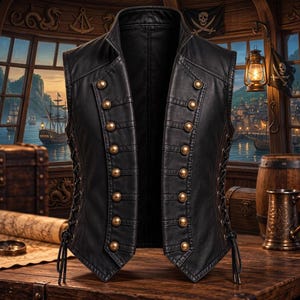 May include: A black sleeveless waistcoat featuring two vertical rows of round brass-coloured buttons on the front. The garment includes side panels with decorative lacing and ties, a high collar, and a structured design with visible seam detailing.