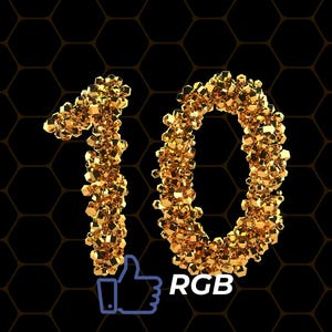 May include: A digital graphic showing the number "10" made of gold-coloured, geometric shapes. The number is set against a black background with a honeycomb pattern. A blue thumbs-up icon and the letters "RGB" are also present.