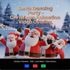 Könnte beinhalten: Ein festliches Bild mit animierten Weihnachtsmannfiguren in roten Anzügen und Hüten, die tanzen. Der Text "Santa Dancing Party - Christmas Animation Video Overlay" wird oben angezeigt. Der Text "Includes 3 Versions: RGB | Luma Matte | Green Screen" ist enthalten.