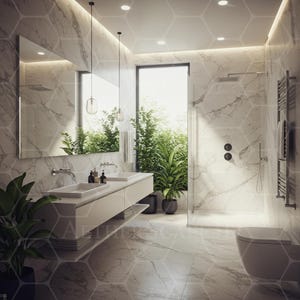 May include: A contemporary bathroom with marble walls and flooring. The room includes a large mirror, a double sink vanity, a walk-in shower, and a toilet. Potted plants provide greenery. The room is well-lit with recessed and pendant lighting.