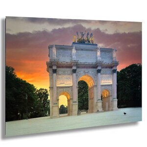 Arc de Triomphe du Carrousel in Paris at Sunset with Glowing Sky – Historic French Monument Photography Print with Bird for Scale