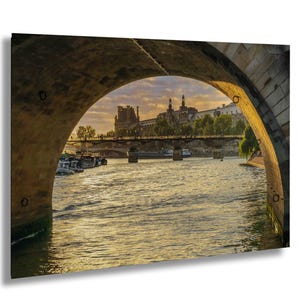 Paris Seine River Bridge View Through Arch with Louvre and Pont des Arts at Sunrise – French Architecture Wall Art Photography Print