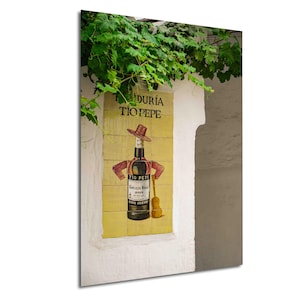May include: A wall-mounted sign featuring a bottle of Tio Pepe sherry, dressed in a hat and jacket, holding a guitar. The sign is on yellow tiles, with the brand name and product details visible. Green vines frame the top of the sign, set against a white wall.