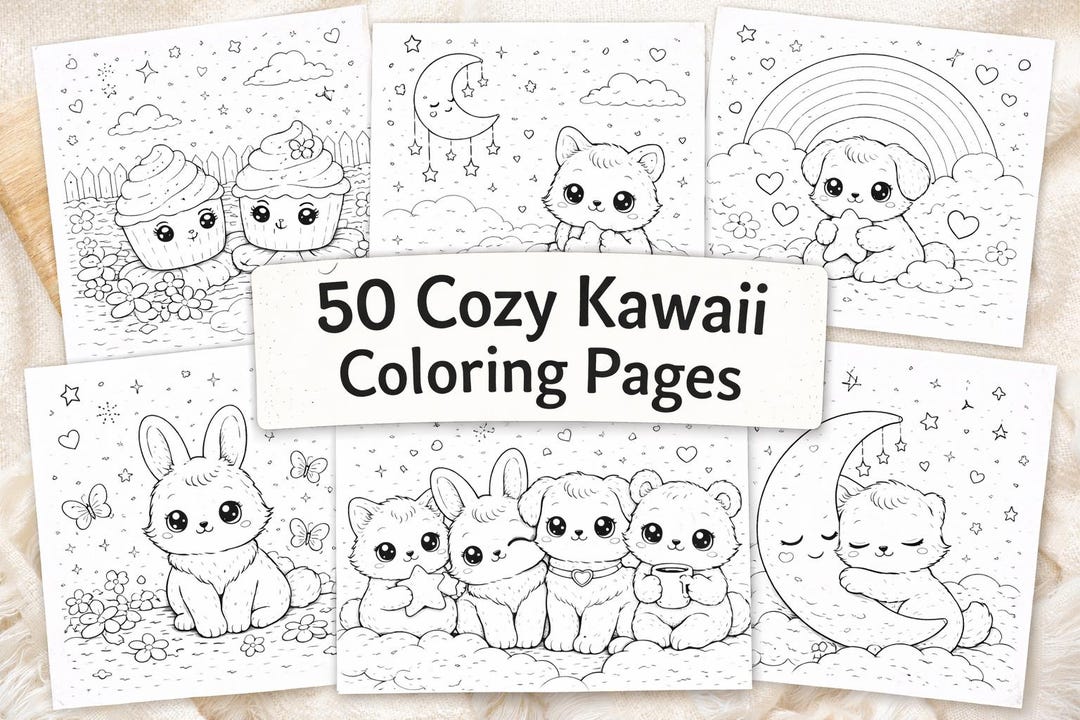 50 Cozy Kawaii Friends Coloring Book for Adults Digital Download Kids ...