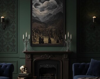 Gothic Coven Oil Painting | Witch Gathering Art | Dark Academia Decor | Spooky Print