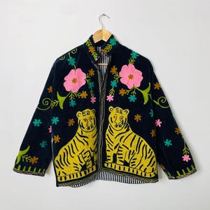 Tiger Embroidered Velvet Jacket, Floral Suzani Boho Statement Coat