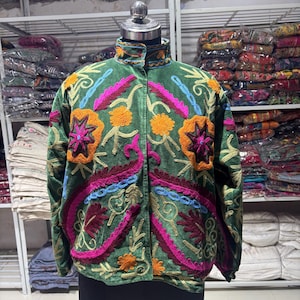 Green Cotton Velvet Suzani Embroidered Bohemian Jacket