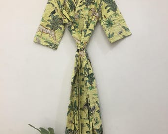 Szlafrok Kantha z bawełny w kwiaty | Szlafrok w stylu kimono | Ręcznie robiona bielizna nocna w stylu boho | Letnia odzież domowa