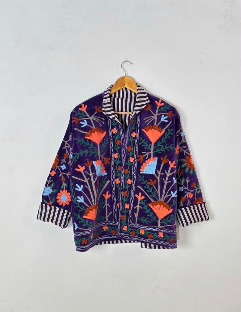 Velvet, Suzani, Jacket, Coat, Boho, Bohemian, Embroidered, Handmade, Artisan, Rabbit, Bunny, Floral, Flowers, Vintage, Ethnic, Traditional, Uzbek, Indian, Fashion, Outerwear, Winter, Casual, Festival, Gift, Womens, Unisex, Luxury, Elegant, Colorful, Soft, Cotton, Lining, Designer, Unique, Folk, Motif, Stitching, Needlework, Craftsmanship, Heritage, Boutique, Trendy, Statement, Layering, Cozy, Warm, Short, Premium, Stylish, Wearable.