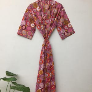 Floral Cotton Kimono Robe: Hand Block Print Bohemian Kaftan, Plus Size