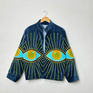 Embroidered Velvet suzani jacket Winter Unisex With inside cotton Lining Women's casual jacket Navy Blue