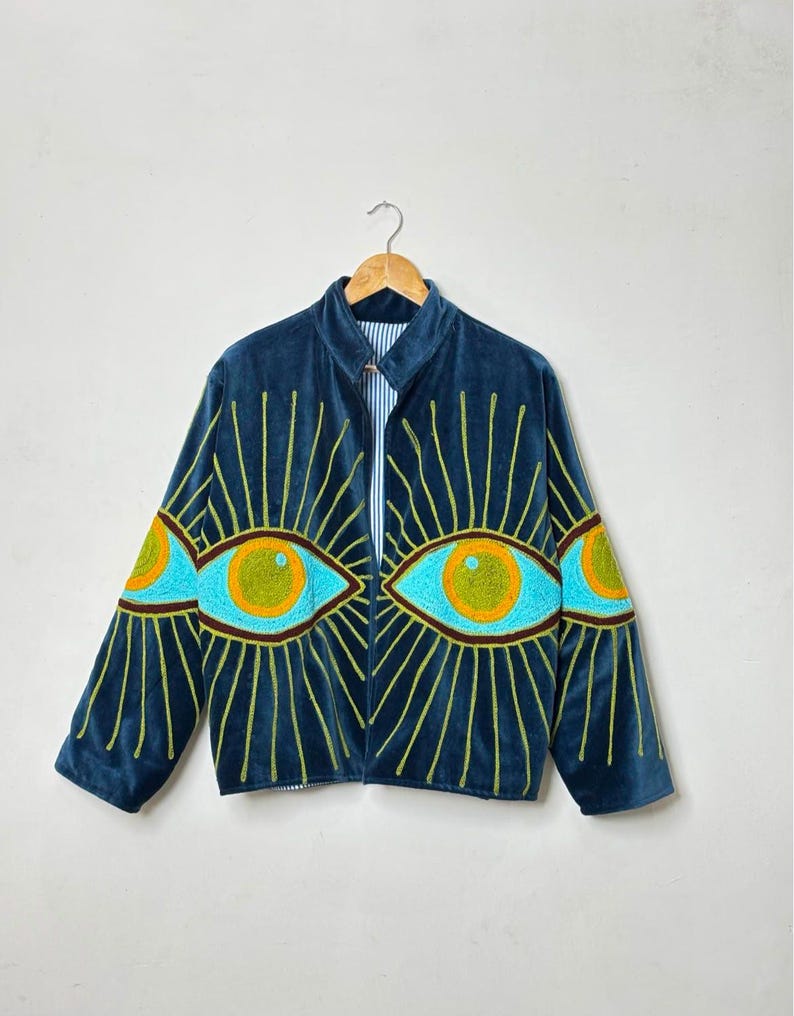 Embroidered Velvet suzani jacket Winter Unisex With inside cotton Lining Women's casual jacket Navy Blue