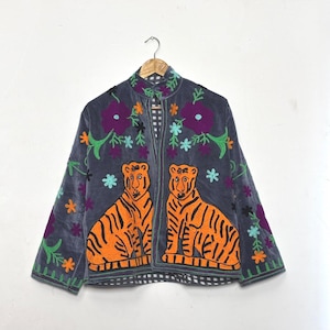 Tiger Embroidered Velvet Jacket, Bohemian Floral Suzani Boho Coat