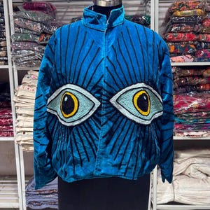Embroidered Velvet suzani jacket Winter Unisex With inside cotton Lining Women's casual jacket Bright Blue