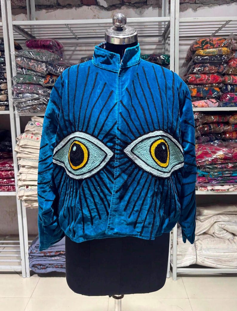 Embroidered Velvet suzani jacket Winter Unisex With inside cotton Lining Women's casual jacket Bright Blue