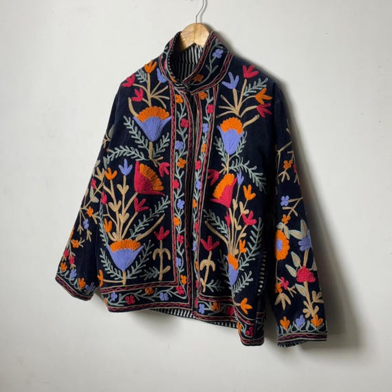 Handmade Embroidered Velvet Suzani Jacket, Black Velvet Suzani Jacket, Bohemian Winter Wear Jacket, Pure Velvet Suzani Jacket, Gifts For Mom