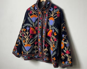 Embroidered Velvet Suzani jacket for women, Bohemian Winter Wear, Hand-stitched Floral Kantha gift for her