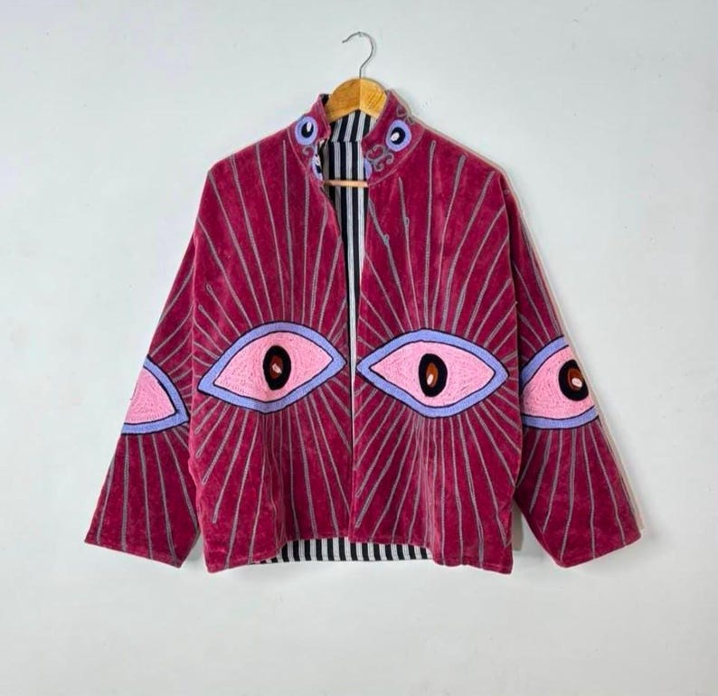 Embroidered Velvet suzani jacket Winter Unisex With inside cotton Lining Women's casual jacket (Wine/Pink