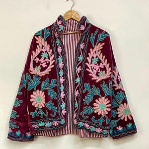 Mustard Suzani Jacket, Handmade Velvet Coat, Floral Embroidered Boho Jacket, Unisex Folk Art Outerwear, Cotton Lined Kimono