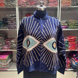 Embroidered Velvet suzani jacket Winter Unisex With inside cotton Lining Women's casual jacket Dark Blue