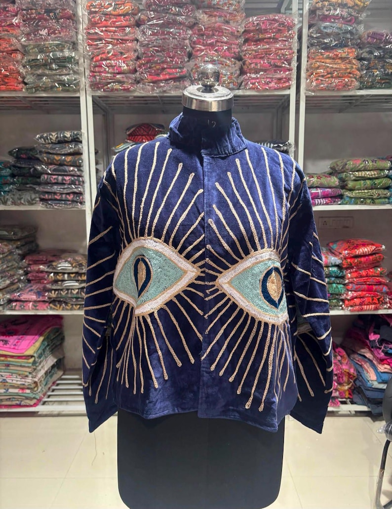 Embroidered Velvet suzani jacket Winter Unisex With inside cotton Lining Women's casual jacket Dark Blue