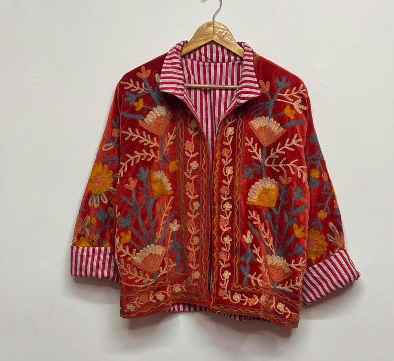 Velvet, Suzani, Jacket, Coat, Boho, Bohemian, Embroidered, Handmade, Artisan, Rabbit, Bunny, Floral, Flowers, Vintage, Ethnic, Traditional, Uzbek, Indian, Fashion, Outerwear, Winter, Casual, Festival, Gift, Womens, Unisex, Luxury, Elegant, Colorful, Soft, Cotton, Lining, Designer, Unique, Folk, Motif, Stitching, Needlework, Craftsmanship, Heritage, Boutique, Trendy, Statement, Layering, Cozy, Warm, Short, Premium, Stylish, Wearable.