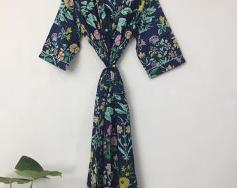 Katoenen kimonokaftan, vrije maat | Badjas met zeefdruk en zakken | Casual kamerjas, nachtkleding