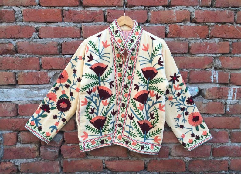 Velvet, Suzani, Jacket, Coat, Boho, Bohemian, Embroidered, Handmade, Artisan, Rabbit, Bunny, Floral, Flowers, Vintage, Ethnic, Traditional, Uzbek, Indian, Fashion, Outerwear, Winter, Casual, Festival, Gift, Womens, Unisex, Luxury, Elegant, Colorful, Soft, Cotton, Lining, Designer, Unique, Folk, Motif, Stitching, Needlework, Craftsmanship, Heritage, Boutique, Trendy, Statement, Layering, Cozy, Warm, Short, Premium, Stylish, Wearable.