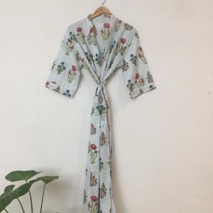 Hand Block Print Cotton Kimono Robe: Plus Size Floral Tunic