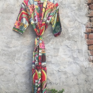 Hand Block Print Cotton Kimono Robe: Floral Kaftan Beach Cover-Up
