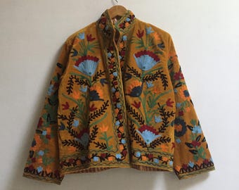 Handcrafted Suzani Velvet Jacket: Ethnic Boho Embroidered Outerwear
