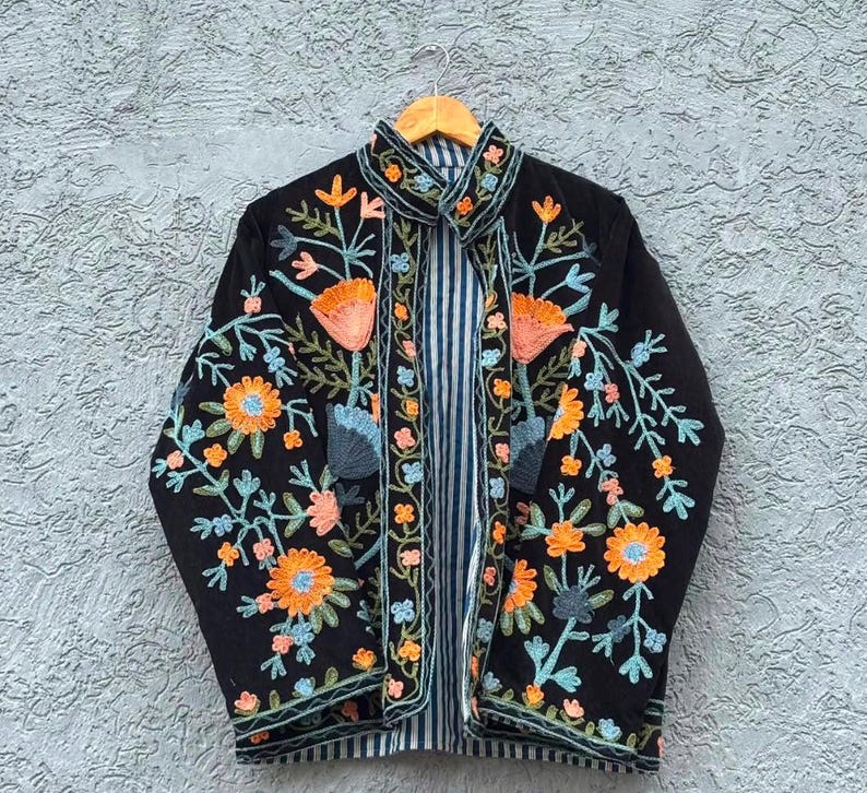 Velvet, Suzani, Jacket, Coat, Boho, Bohemian, Embroidered, Handmade, Artisan, Rabbit, Bunny, Floral, Flowers, Vintage, Ethnic, Traditional, Uzbek, Indian, Fashion, Outerwear, Winter, Casual, Festival, Gift, Womens, Unisex, Luxury, Elegant, Colorful, Soft, Cotton, Lining, Designer, Unique, Folk, Motif, Stitching, Needlework, Craftsmanship, Heritage, Boutique, Trendy, Statement, Layering, Cozy, Warm, Short, Premium, Stylish, Wearable.