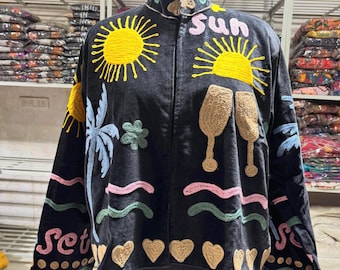 Summer  Time Black Velvet Suzani Embroidered Boho Jacket : gift for her