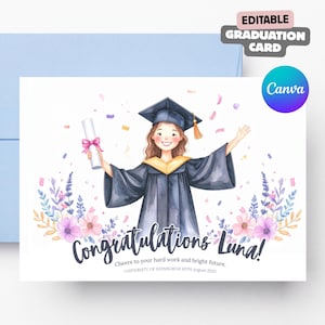 Watercolor Graduation Card for Girls: Editable Canva Template (Digital Download 5x7 Folded & Flat)
