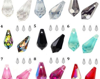 May include: Nine faceted crystal pendants in a range of colours. The teardrop-shaped pendants have a hole at the top for stringing. Colours include clear, light blue, silver, iridescent, black, teal, pink, and red.