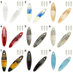 May include: Nine faceted crystal pendants in assorted colours, including clear, blue, red, and amber. Each pendant has a hole for stringing. The pendants are elongated and oval-shaped, with a geometric cut design.
