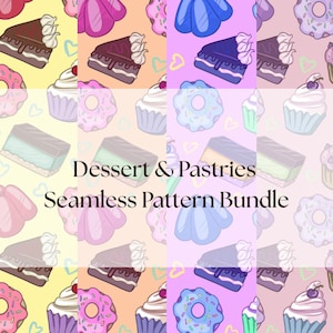 Puede incluir: Un paquete de patrones sin costuras con varios postres y pasteles. El diseño incluye ilustraciones de rebanadas de pastel de chocolate, cupcakes, donuts y gelatina. La paleta de colores incluye rosa, azul y amarillo, con el texto "Dessert & Pastries Seamless Pattern Bundle".