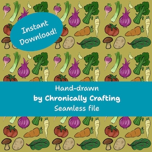 Puede incluir: Patrón sin costuras con ilustraciones dibujadas a mano de diversas verduras, como tomates, zanahorias, cebollas, brócoli y champiñones, sobre un fondo verde claro. El texto "Instant Download!" está en un óvalo azul. El texto "Hand-drawn by Chronically Crafting Seamless file" está en un rectángulo azul.