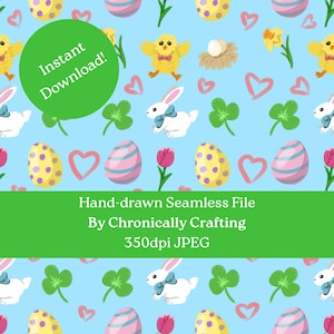 Puede incluir: Un patrón sin costuras con ilustraciones temáticas de Pascua sobre un fondo azul claro. El diseño incluye pollitos amarillos, conejos blancos con lazos azules, huevos decorados, corazones, tréboles y tulipanes. El texto "Instant Download!" está en un círculo verde.